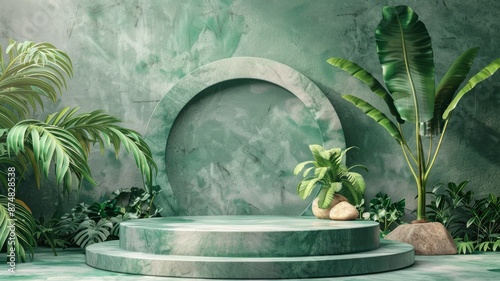 Green Marble Podium with Tropical Plants - A 3D rendering of a green marble podium with tropical plants. It is an excellent background for product displays and presentations. - A 3D rendering of a gre