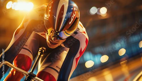 A dynamic close-up of a male cyclist in a velodrome, wearing a colorful aerodynamic helmet and racing suit, captured with dramatic lighting and bokeh background during a high-speed race photo