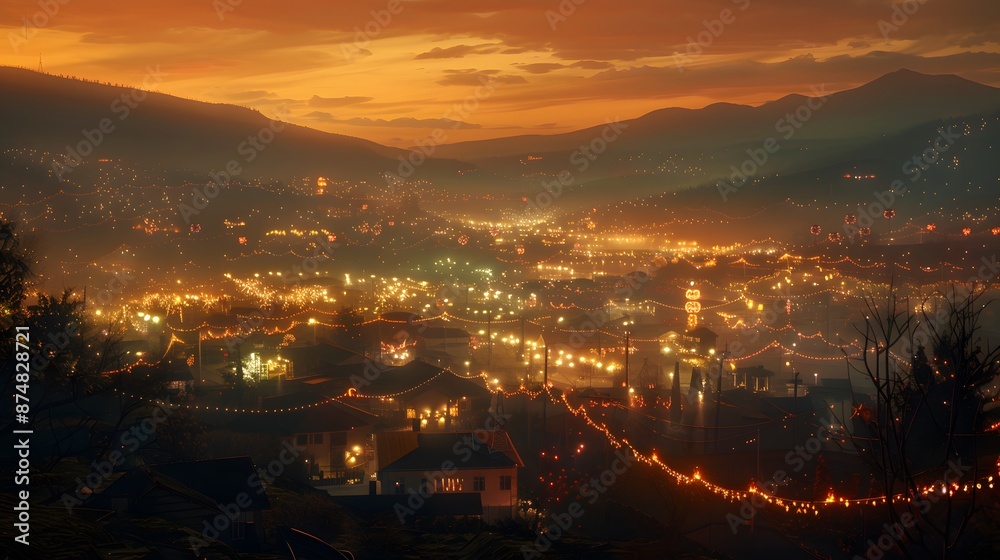 Obraz premium Cityscape of illuminated houses and streets with orange sunset sky