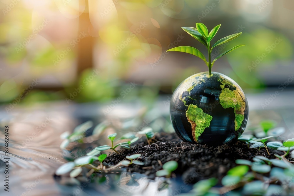 A small globe with a sprouting seedling symbolizes environmental conservation and global growth on a blurred green background. A small globe with a sprouting seedling symbolizes environmental conservation and global growth on a blurred green background.