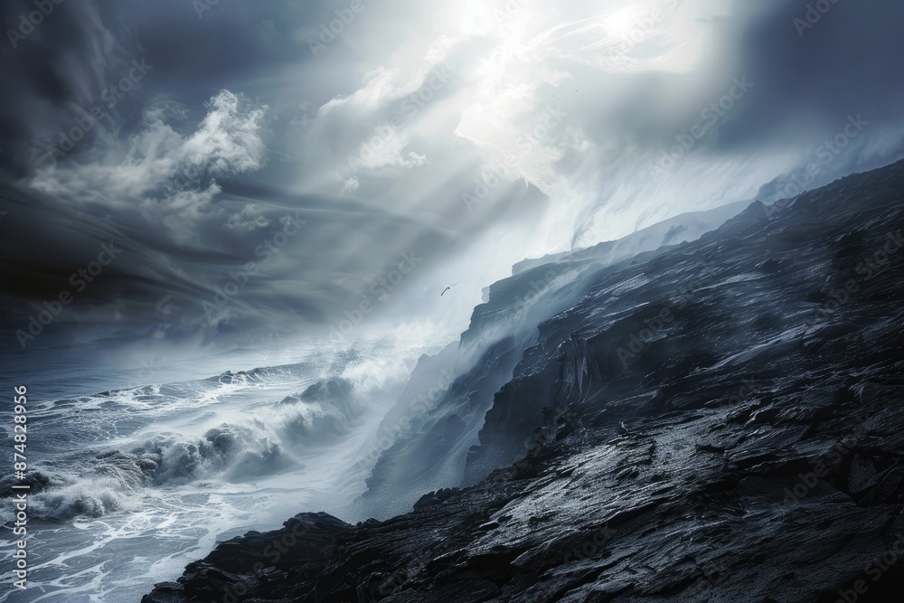 Dramatic Seascape with Stormy Clouds - A powerful stormy seascape with dramatic clouds and crashing waves against a rocky cliff. - A powerful stormy seascape with dramatic clouds and crashing waves ag Dramatic Seascape with Stormy Clouds - A powerful stormy seascape with dramatic clouds and crashing waves against a rocky cliff. - A powerful stormy seascape with dramatic clouds and crashing waves ag