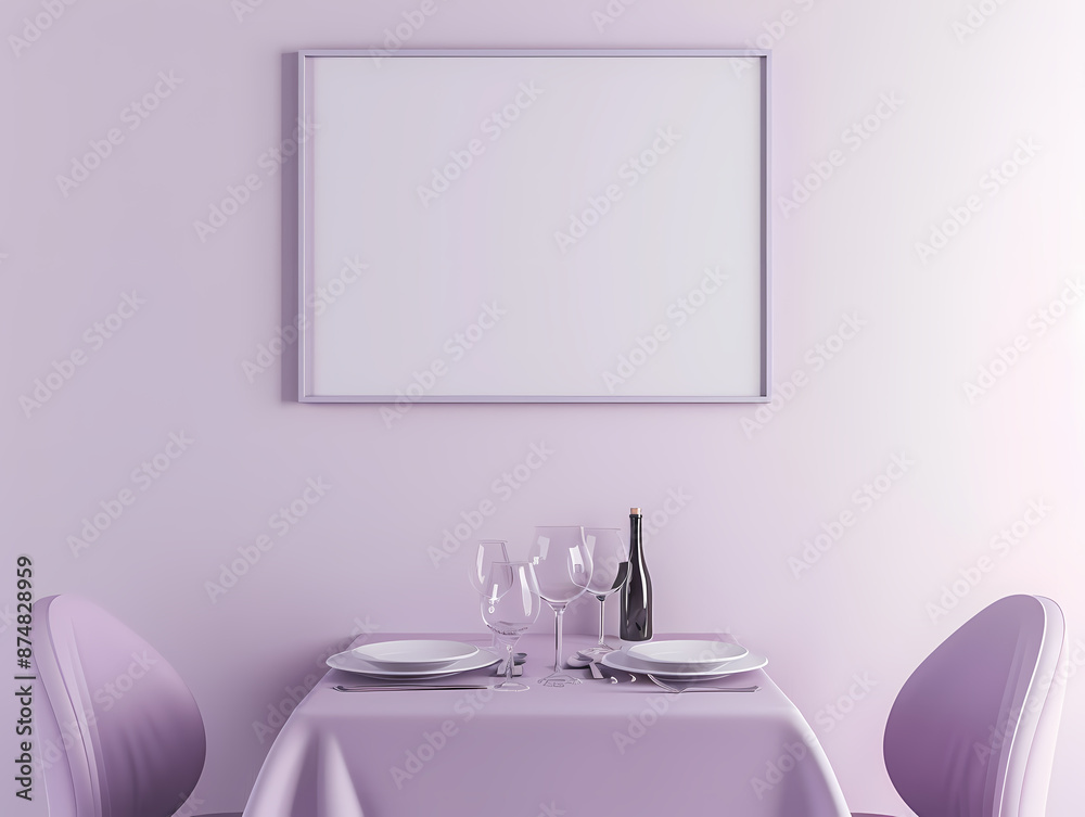 Elegantly set dining table with purple tones, featuring wine glasses, plates, and an empty frame above. Elegantly set dining table with purple tones, featuring wine glasses, plates, and an empty frame above.