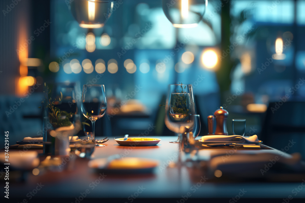 Naklejka premium Empty restaurant table set for dinner service with wine glasses