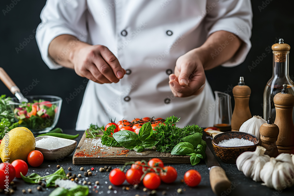 Chef adding salt to vegetables for healthy meal preparation Chef adding salt to vegetables for healthy meal preparation