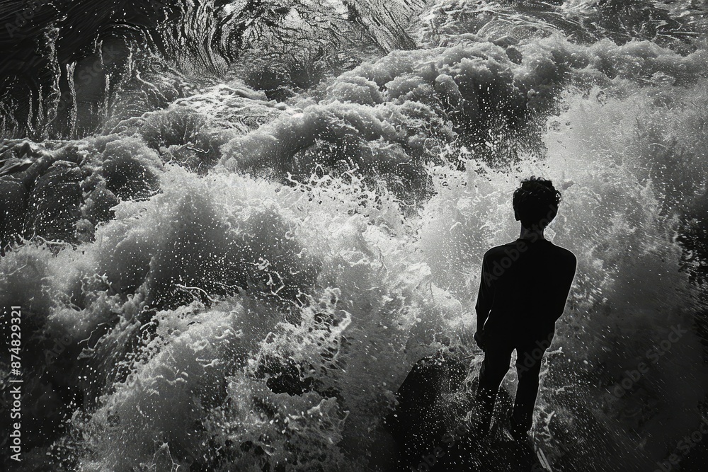 Obraz premium Man Standing by the Ocean Waves - A solitary man stands on a rock, his silhouette stark against a powerful display of ocean waves, creating a dramatic scene that evokes a sense of awe and the force of