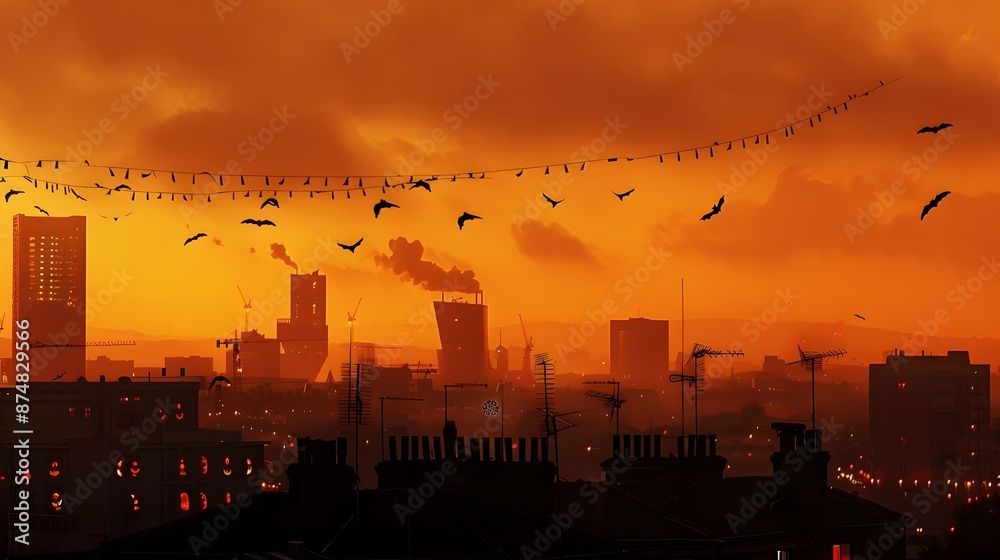 Eerie cityscape at dusk with a flock of bats flying overhead Eerie cityscape at dusk with a flock of bats flying overhead
