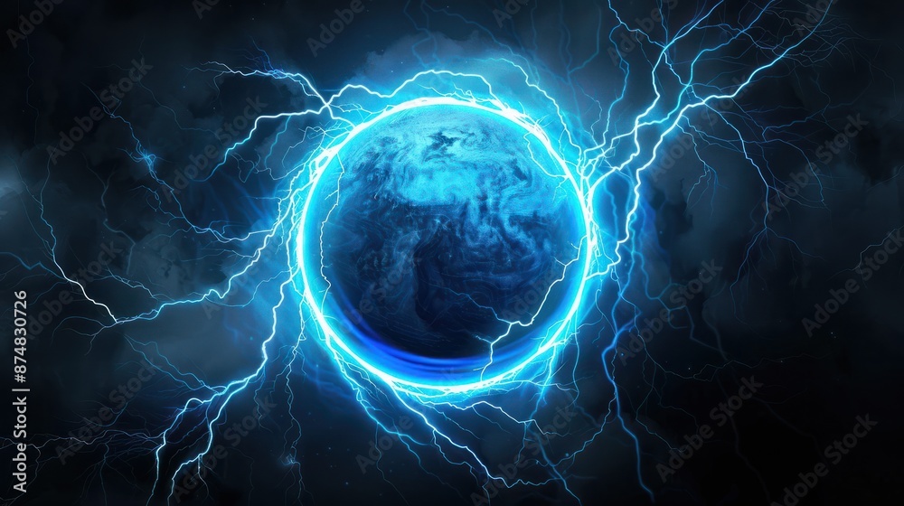 A glowing electric blue circle surrounded by lightning bolts on a dark background. The image creates a high-energy, futuristic effect A glowing electric blue circle surrounded by lightning bolts on a dark background. The image creates a high-energy, futuristic effect