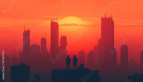 Construction workers building a futuristic skyscraper, urban expansion, development in progress © imdarin