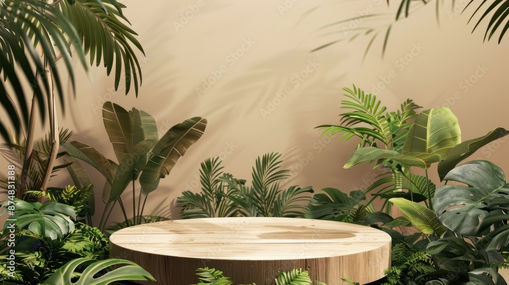 A wooden podium set against a beige backdrop surrounded by lush green tropical plants. The minimalist setup is ideal for showcasing products A wooden podium set against a beige backdrop surrounded by lush green tropical plants. The minimalist setup is ideal for showcasing products