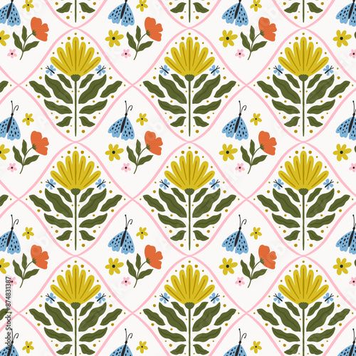 Geometrical retro pattern with flowers and butterflies. Print for greeting card, wrapping paper, textile, wallpaper and invitation background.