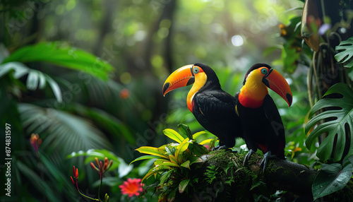 Tucanos Bird in Tropical Rainforest, Colorful Interesting Plants in Background, Green Nature Wallpaper with Copy Space