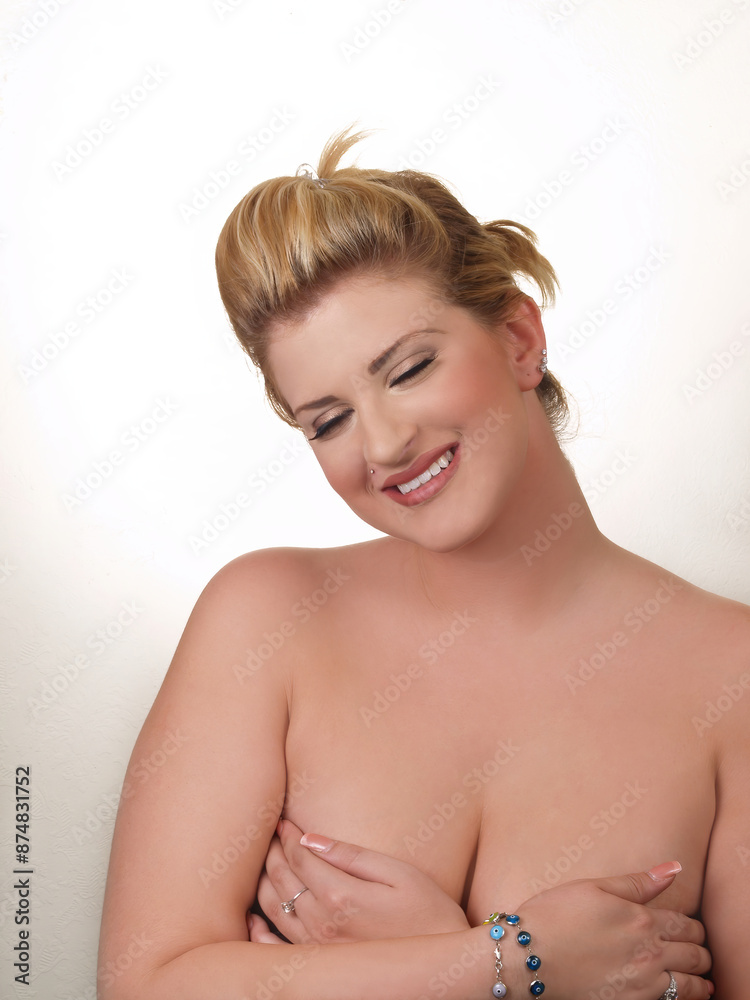 Fototapeta premium Bare Shoulders Attractive Caucasian Woman Hands Over Breast