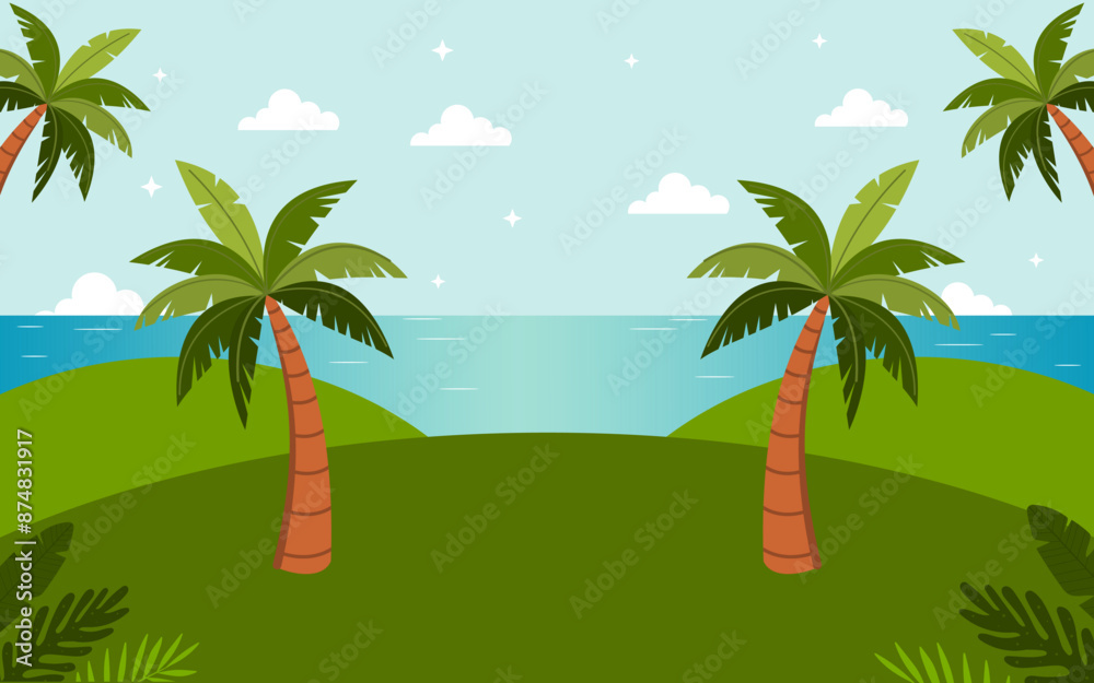 Summer beach scenery background with green hills, coconut trees and blue sea with clear sky Summer beach scenery background with green hills, coconut trees and blue sea with clear sky