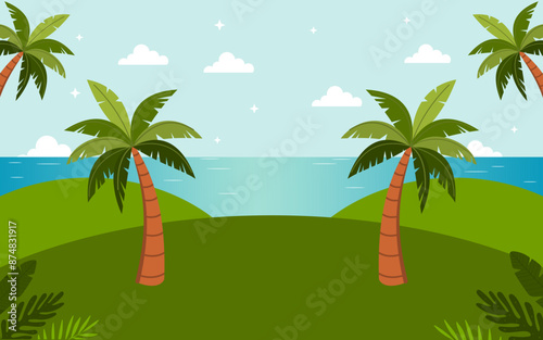 Summer beach scenery background with green hills, coconut trees and blue sea with clear sky
