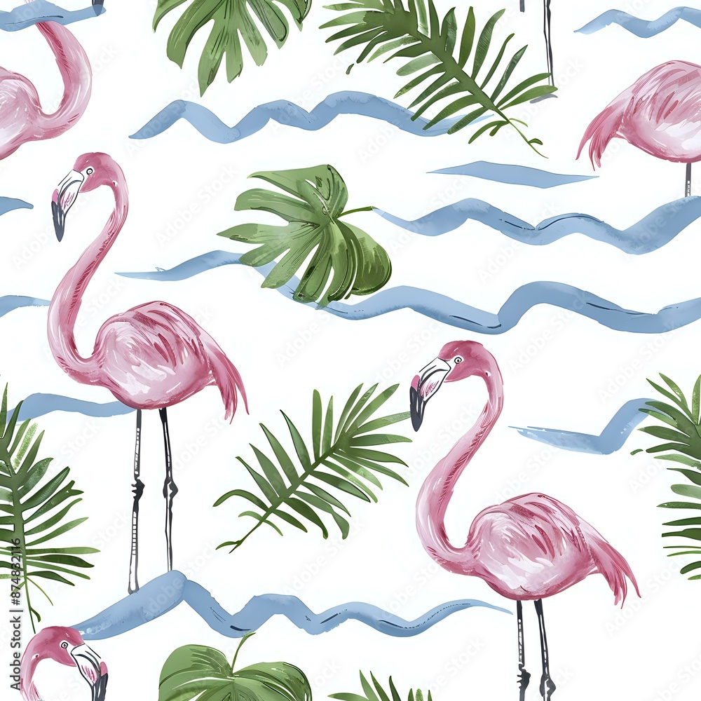 Fototapeta premium Watercolor Pink Flamingo and Palm Leaf Poster Design