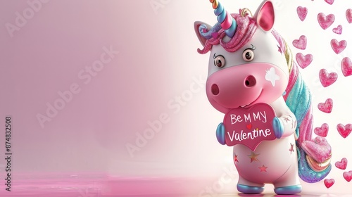 Imagine a 3D, cute unicorn with a glittery, multicolored mane, holding a "Be My Valentine" sign with hearts floating around.