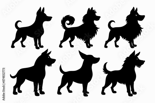 Bella dog black silhouette vector set, isolated black silhouette of a dog collection, Set of dogs breed silhouette vector
