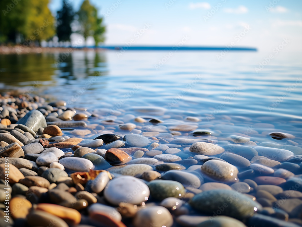 The shore is covered with smooth pebbles, with a body of water in the background. The water is calm and clear, the scene is serene and tranquil, nobody. The concept of tranquility and balance The shore is covered with smooth pebbles, with a body of water in the background. The water is calm and clear, the scene is serene and tranquil, nobody. The concept of tranquility and balance