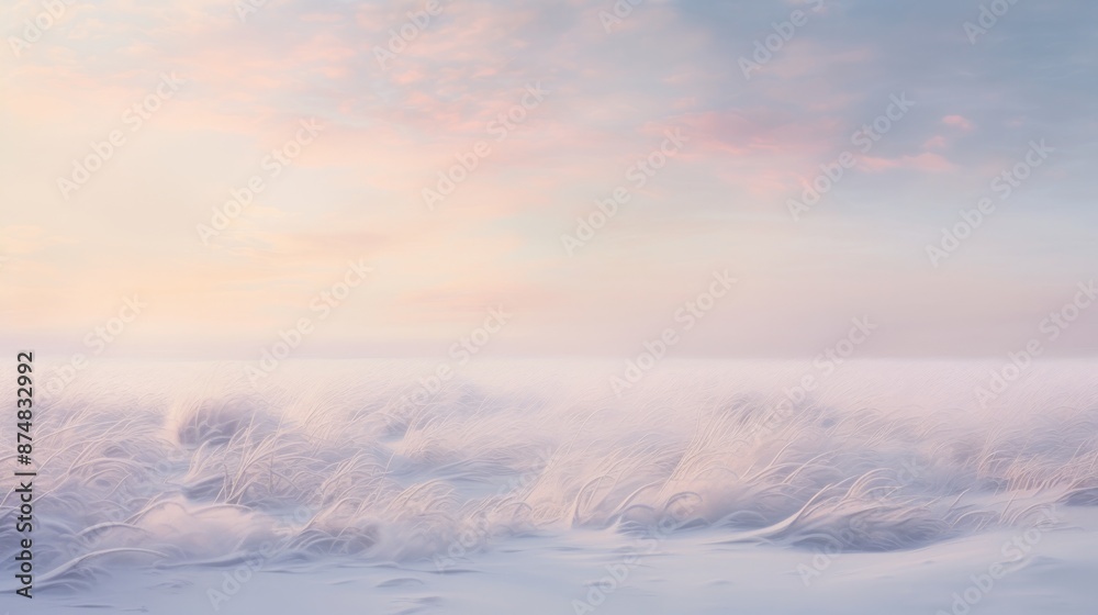 Snow covered landscape with frosty grasses and a pastel sunrise at pink blue sky at early morning Snow covered landscape with frosty grasses and a pastel sunrise at pink blue sky at early morning