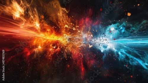 Cosmic Collision. Colorful depiction of two proton particles colliding on black background.