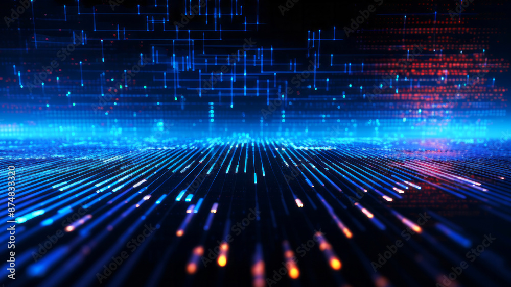 Abstract digital landscape with blue and red data lines Abstract digital landscape with blue and red data lines