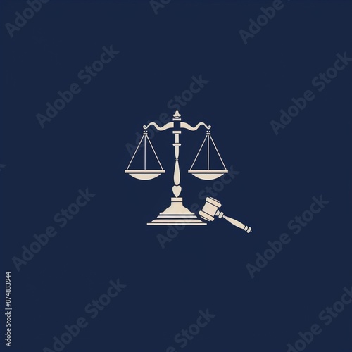 An elegant logo for a law firm featuring scales of justice and a gavel on a solid navy blue background.