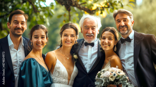 A group of people posing for a wedding photo. A family of several generations gathered together for a holiday. The scene is joyful and festive