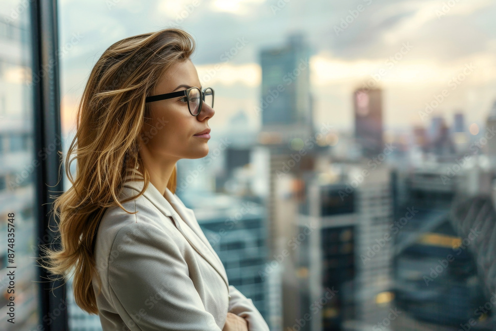 A professional woman in a light-colored blazer stands by a large window, gazing at the expansive cityscape beyond, symbolizing ambition and contemplation. A professional woman in a light-colored blazer stands by a large window, gazing at the expansive cityscape beyond, symbolizing ambition and contemplation.