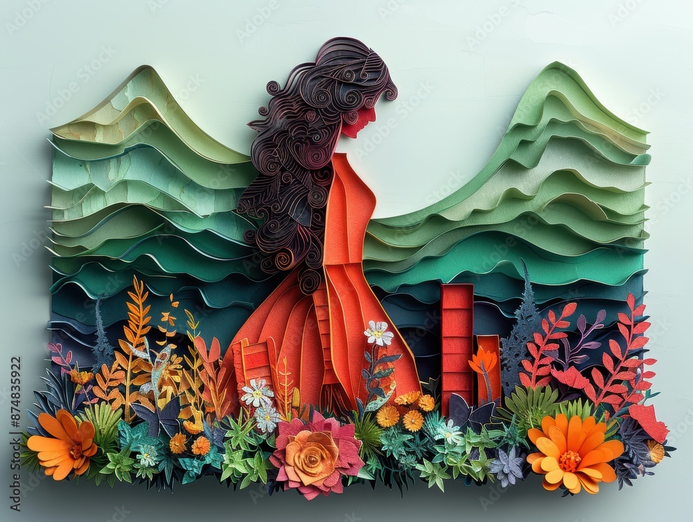 Fototapeta premium Paper cut librarian organizing books on a shelf.