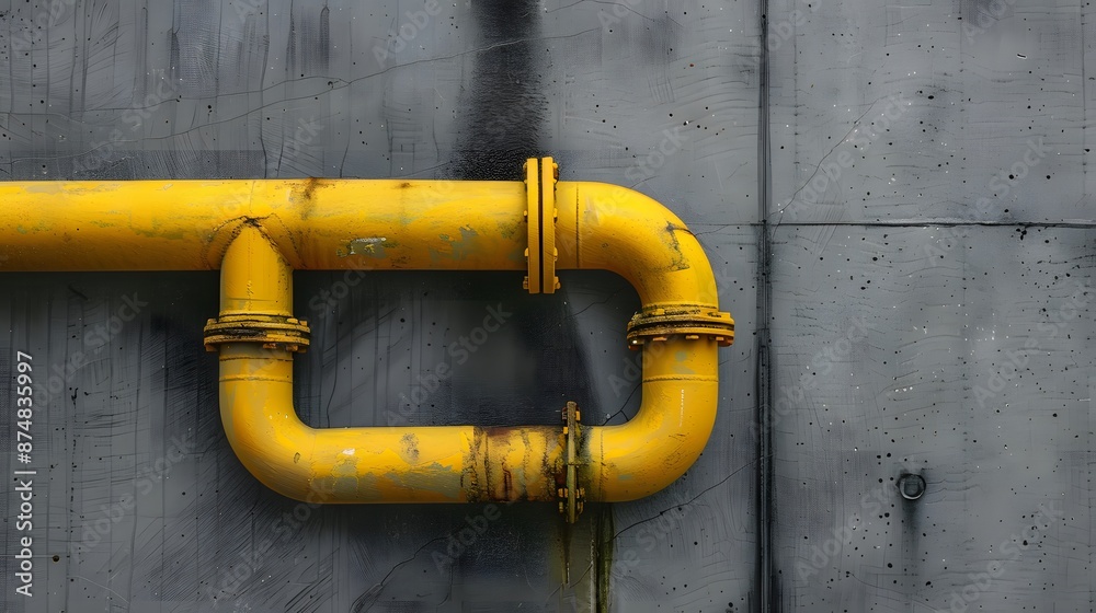 New small yellow water pipe on gray concrete wall at a corner of building texture background. New small yellow water pipe on gray concrete wall at a corner of building texture background.