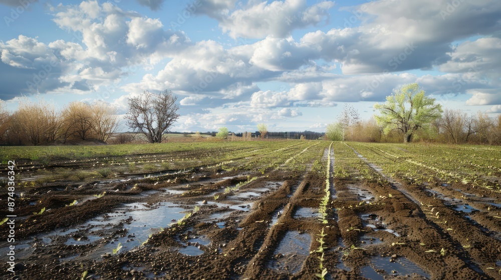 Fototapeta premium Planted farmland Vegetation of crops after winter