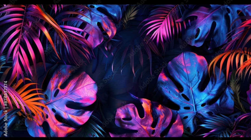 Fototapeta Tropical leaves in neon colors on black background, generative ai