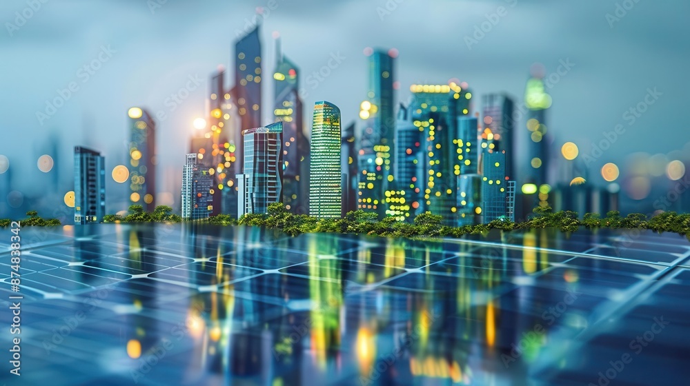 Fototapeta premium Futuristic city skyline reflecting on solar panels, showcasing modern architecture, sustainable energy, and urban development at dusk.