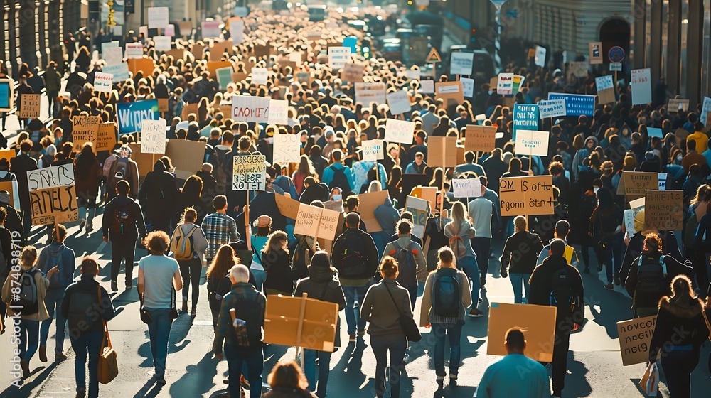 Fototapeta premium A crowd of people marching down a street, holding banners and signs