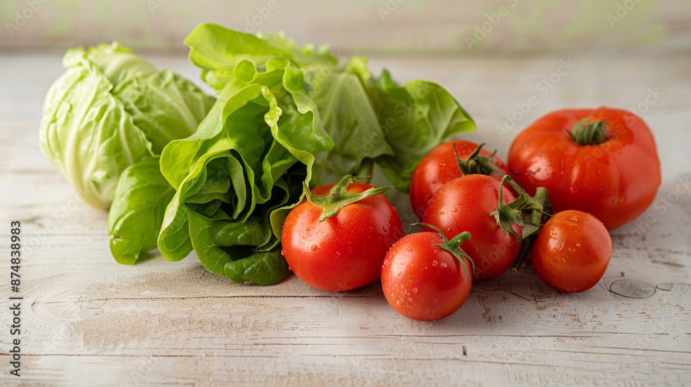 vegetables on a light wooden table including lettuce and tomatoes vegetables on a light wooden table including lettuce and tomatoes