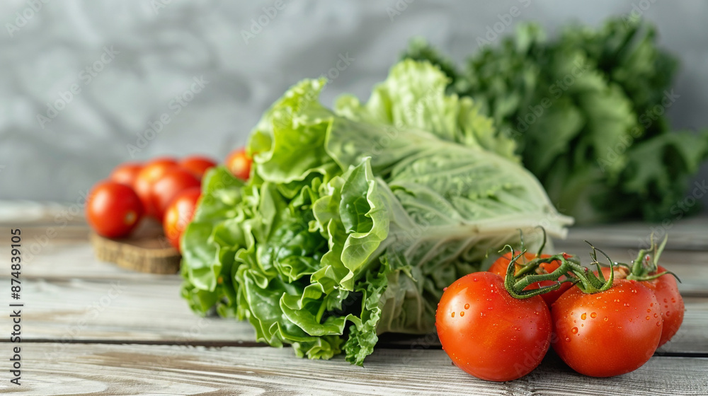 vegetables on a light wooden table including lettuce and tomatoes vegetables on a light wooden table including lettuce and tomatoes