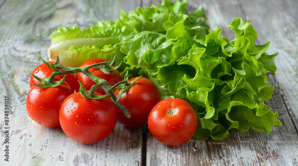 vegetables on a light wooden table including lettuce and tomatoes vegetables on a light wooden table including lettuce and tomatoes