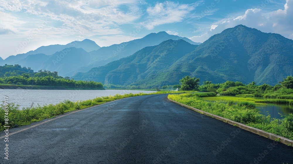 Naklejka premium Asphalt Road And River With Mountain Scenery In Hangzhou, A Picturesque Landscape
