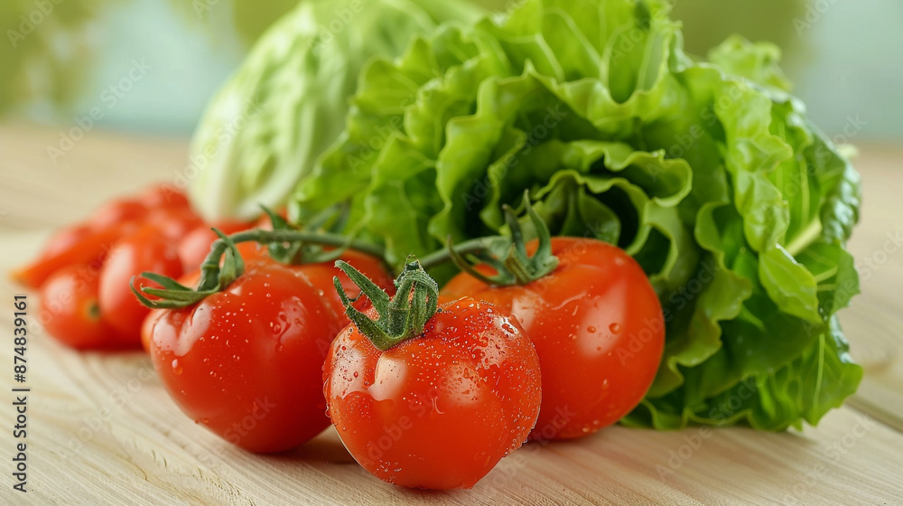 vegetables on a light wooden table including lettuce and tomatoes vegetables on a light wooden table including lettuce and tomatoes