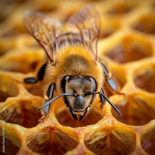 Close-up of a queen bee on a honeycomb, detailed textures of the bee and comb