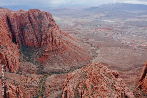 Desert landscape mountain range overlooking the desert town of Ivins, Utah, United States of America. photo