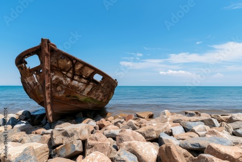 Wallpaper Mural rusty shipwreck on beach with large rocks and blue ocean in background Torontodigital.ca