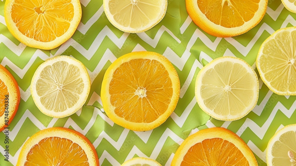 Obraz premium A playful design featuring slices of oranges and lemons arranged in a zigzag pattern with a refreshing green background
