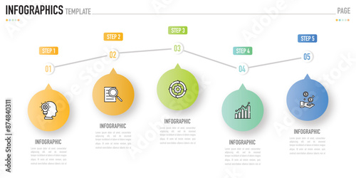 Circular infographic template or element with 5 step, process, option, colorful connected horizontal circle label, shadow, minimal style for sale slide, agenda, schedule, flowchart, workflow, calendar