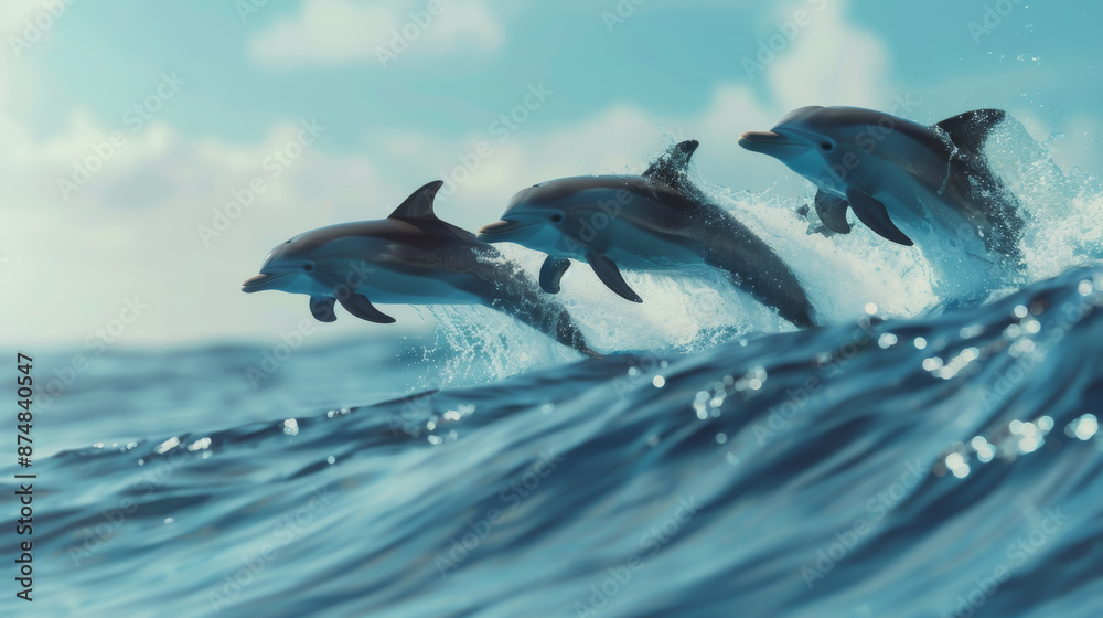 Fototapeta premium Three dolphins gracefully leap out of the ocean on a clear sunny day, showcasing the beauty and agility of marine life in their natural habitat.