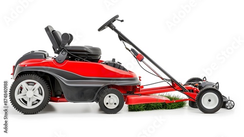 Red Ride-On Lawn Mower with Grass on White Background