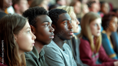 Group of diverse students attending lecture at university