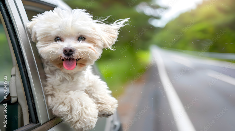 A white poodle dog with its head out of car windows, enjoying a scenic countryside ride on a sunny day. A white poodle dog with its head out of car windows, enjoying a scenic countryside ride on a sunny day.