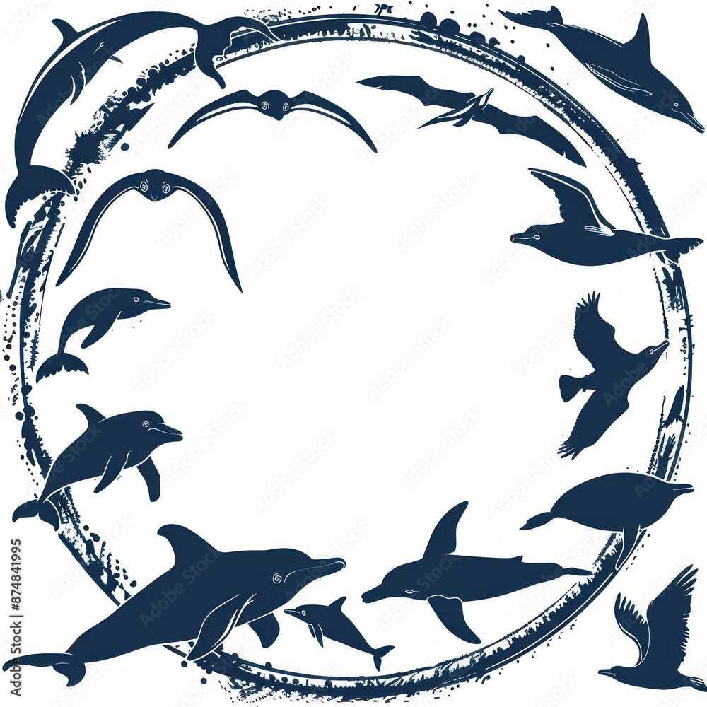 Naklejka premium Ocean Life Silhouettes in a Circular Frame