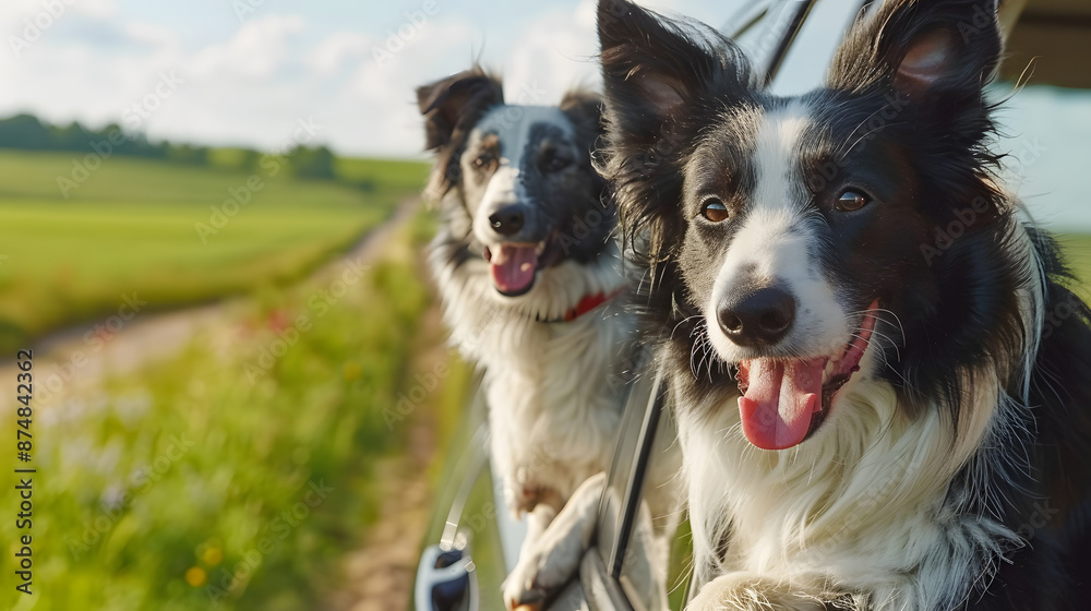 Two excited Border collie dogs with heads out of car windows, enjoying a scenic countryside ride on a sunny day. Two excited Border collie dogs with heads out of car windows, enjoying a scenic countryside ride on a sunny day.